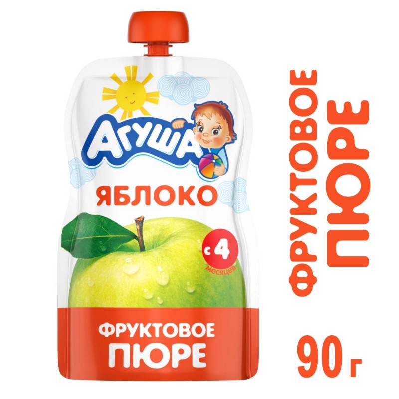 Детское фруктовое пюре Агуша Яблоко в мягкой упаковке, с 4 месяцев, 90г, Продукты питания, Детское питание, ТМ Агуша - купить с доставкой