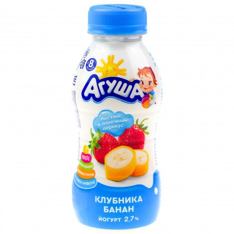 Йогурт питьевой Агуша 2.7% клубника-банан 180г с 8 месяцев, Продукты питания, Детское питание, ТМ Агуша - купить с доставкой