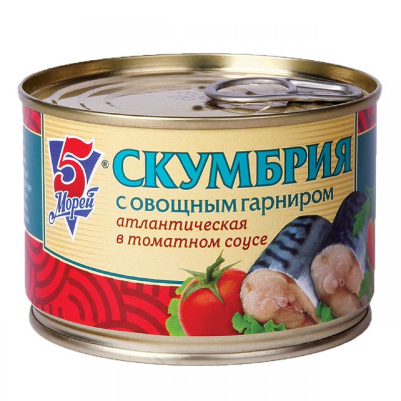 Скумбрия «5 Морей» с овощным гарниром в томатном соусе, 250 гр. купить продукты с доставкой  - интернет-магазин Добродуша